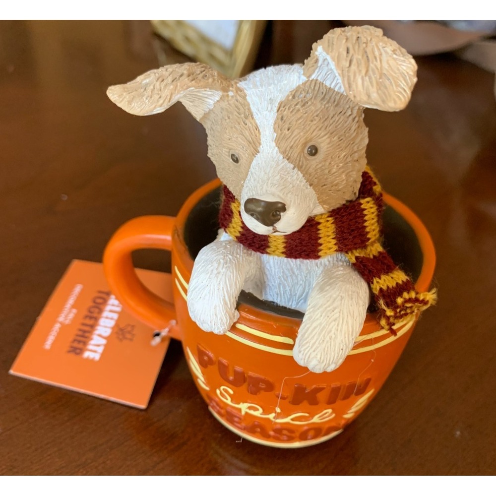 Fall Decoration of a "Pup-Kin" Spice Mug with ceramic dog